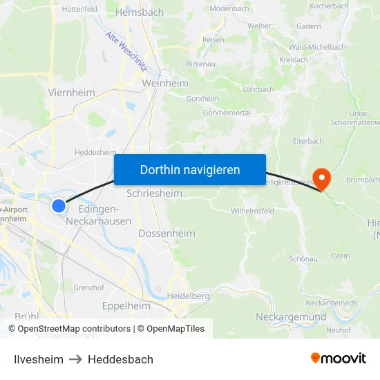 Ilvesheim to Heddesbach map