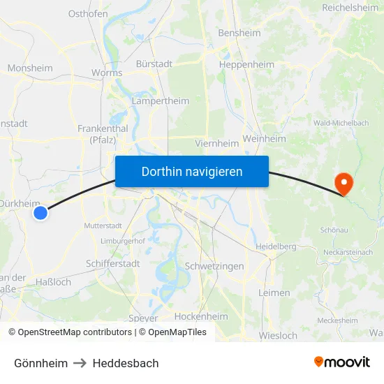 Gönnheim to Heddesbach map