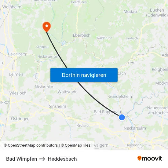 Bad Wimpfen to Heddesbach map