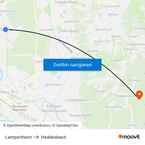 Lampertheim to Heddesbach map