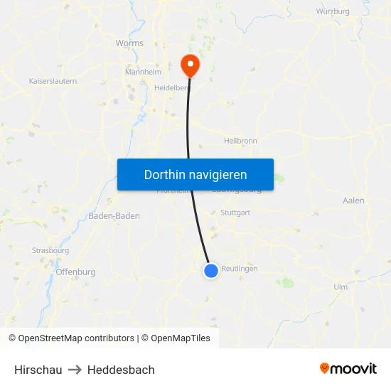 Hirschau to Heddesbach map