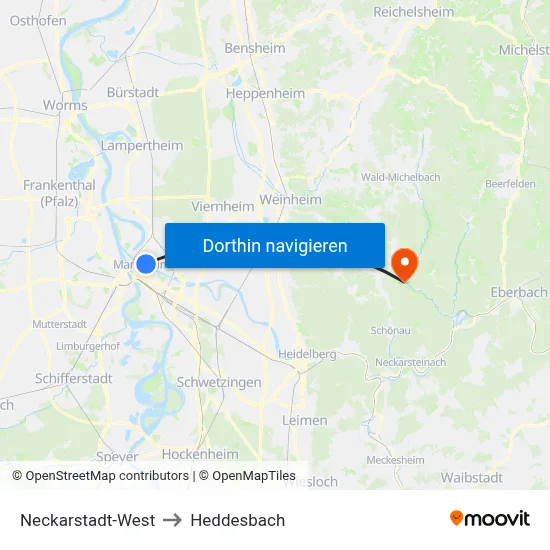 Neckarstadt-West to Heddesbach map