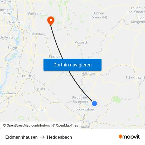 Erdmannhausen to Heddesbach map