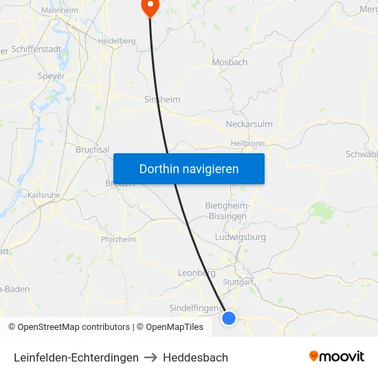 Leinfelden-Echterdingen to Heddesbach map