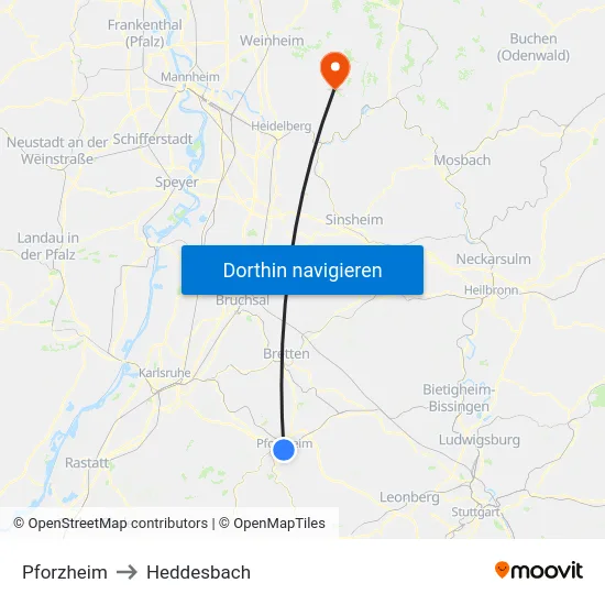 Pforzheim to Heddesbach map