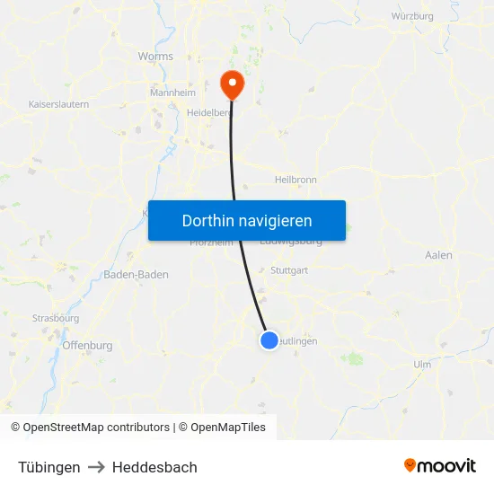 Tübingen to Heddesbach map