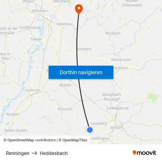 Renningen to Heddesbach map