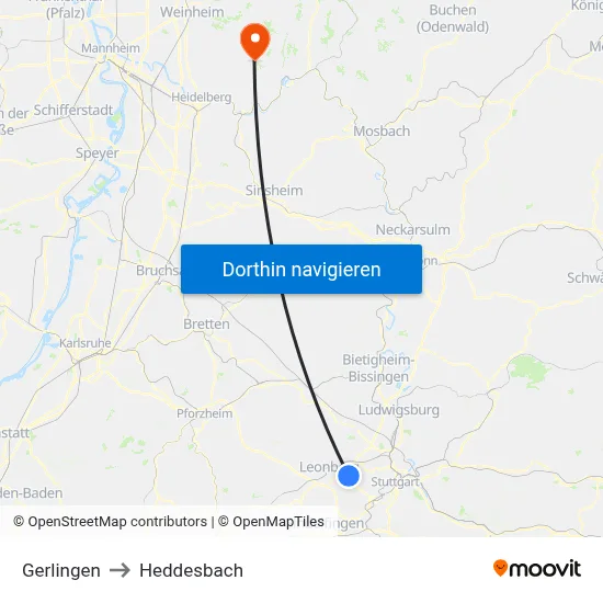 Gerlingen to Heddesbach map