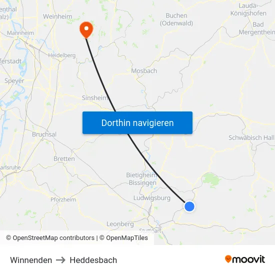 Winnenden to Heddesbach map