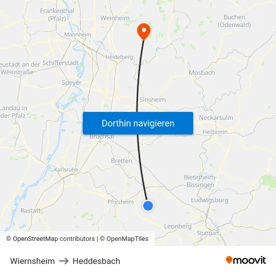 Wiernsheim to Heddesbach map