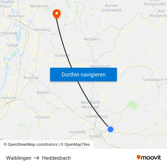 Waiblingen to Heddesbach map
