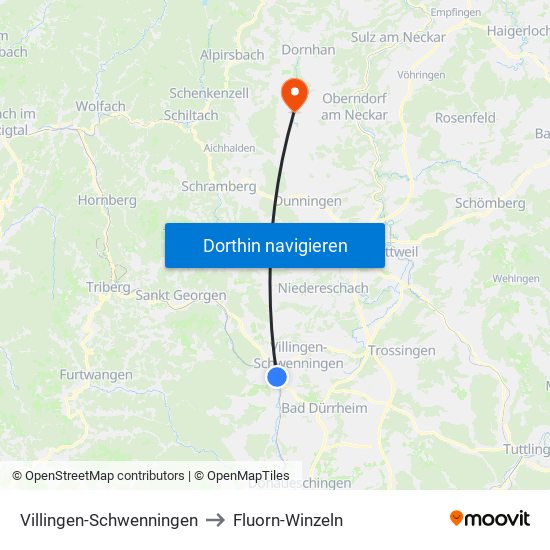 Villingen-Schwenningen to Fluorn-Winzeln map