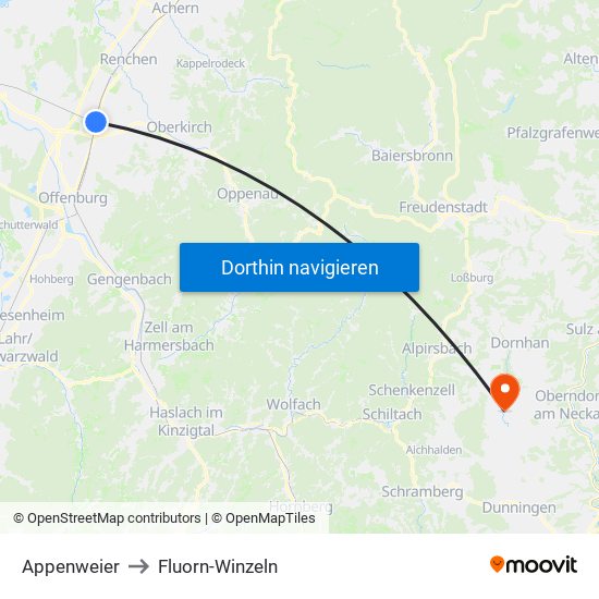 Appenweier to Fluorn-Winzeln map