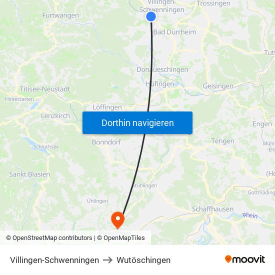 Villingen-Schwenningen to Wutöschingen map