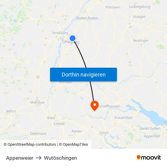 Appenweier to Wutöschingen map