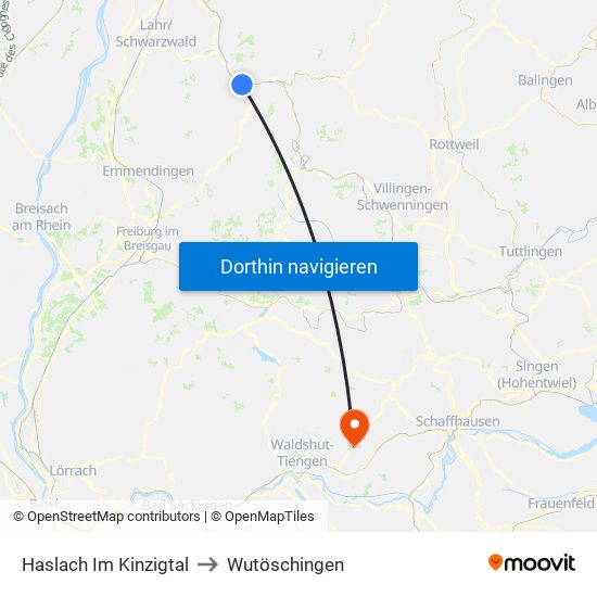 Haslach Im Kinzigtal to Wutöschingen map