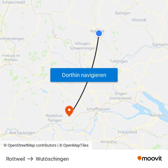 Rottweil to Wutöschingen map