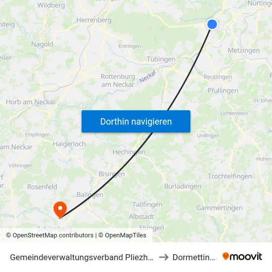 Gemeindeverwaltungsverband Pliezhausen to Dormettingen map