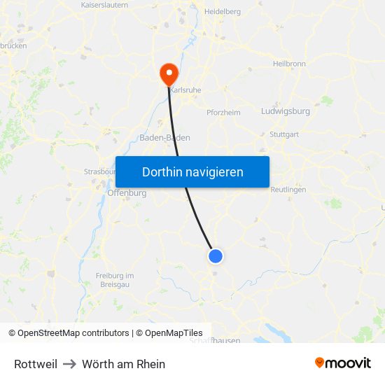 Rottweil to Wörth am Rhein map