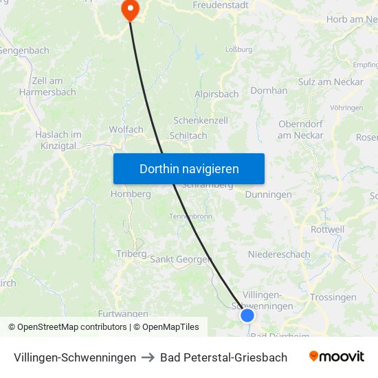 Villingen-Schwenningen to Bad Peterstal-Griesbach map