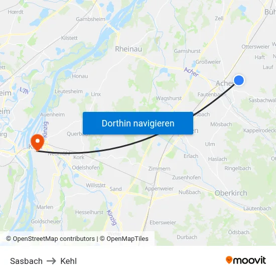 Sasbach to Kehl map