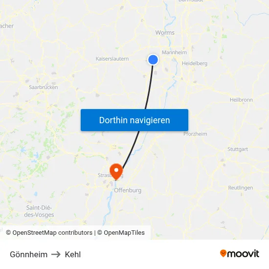 Gönnheim to Kehl map