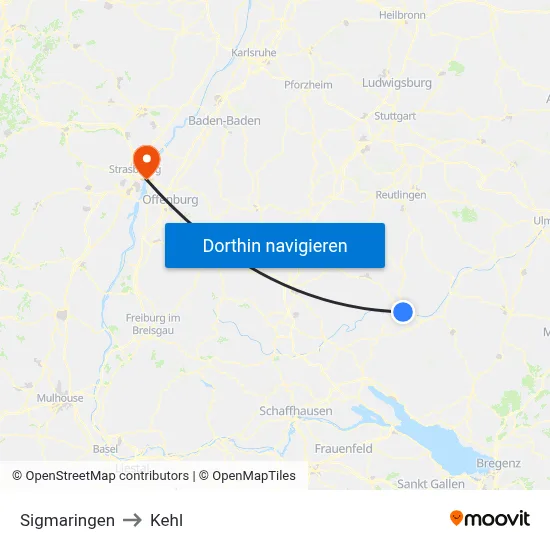 Sigmaringen to Kehl map