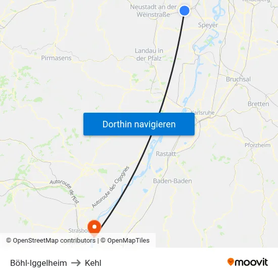 Böhl-Iggelheim to Kehl map