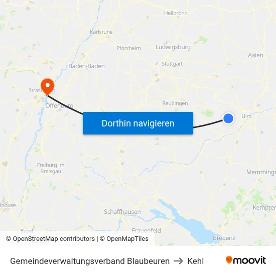 Gemeindeverwaltungsverband Blaubeuren to Kehl map