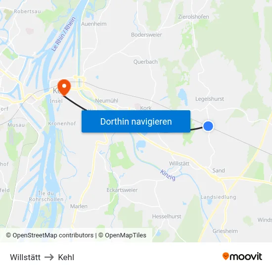 Willstätt to Kehl map