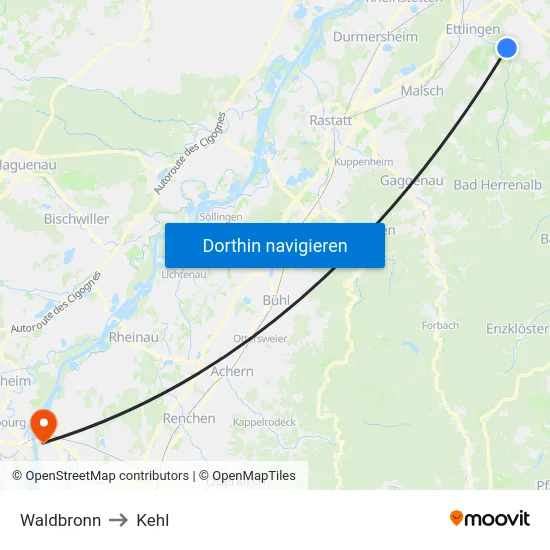 Waldbronn to Kehl map