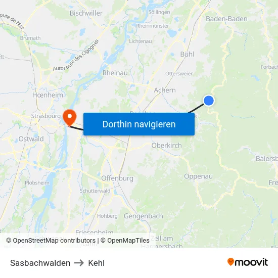 Sasbachwalden to Kehl map