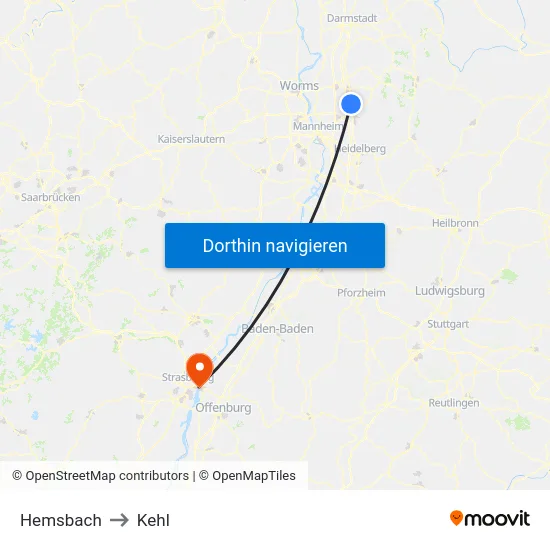 Hemsbach to Kehl map