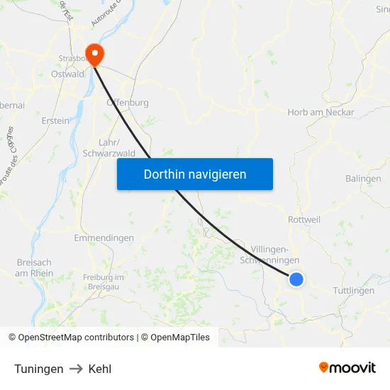 Tuningen to Kehl map