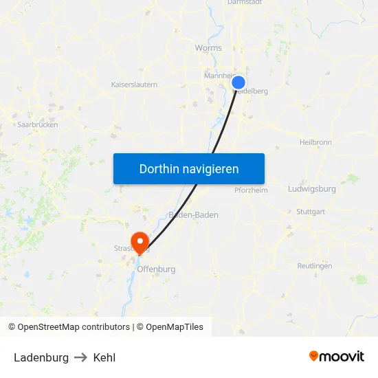 Ladenburg to Kehl map