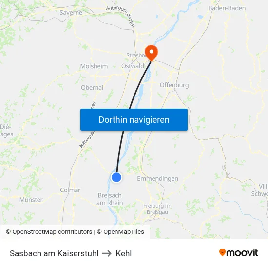 Sasbach am Kaiserstuhl to Kehl map