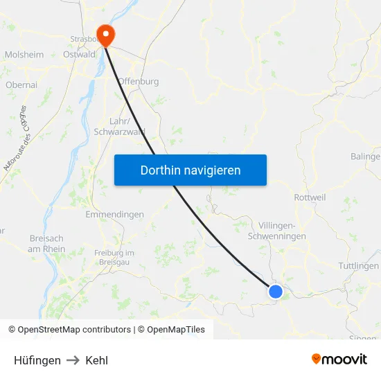 Hüfingen to Kehl map
