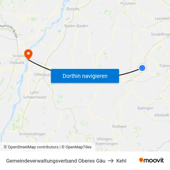 Gemeindeverwaltungsverband Oberes Gäu to Kehl map