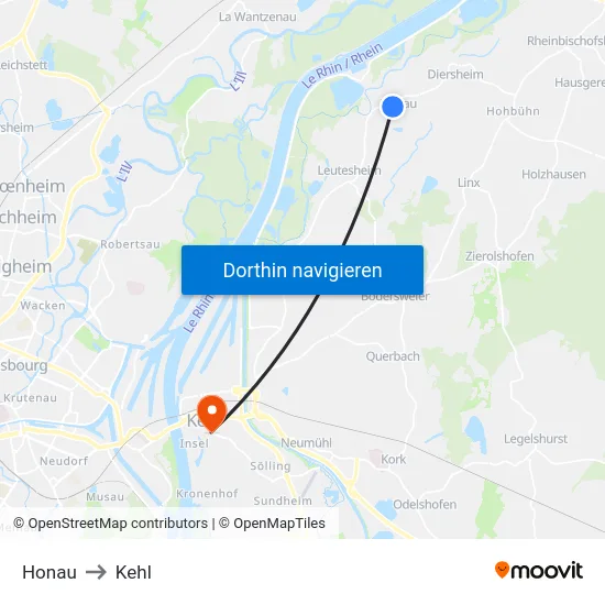 Honau to Kehl map