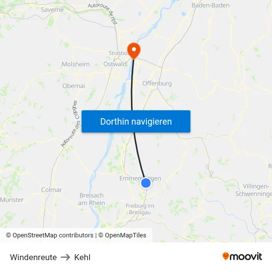 Windenreute to Kehl map