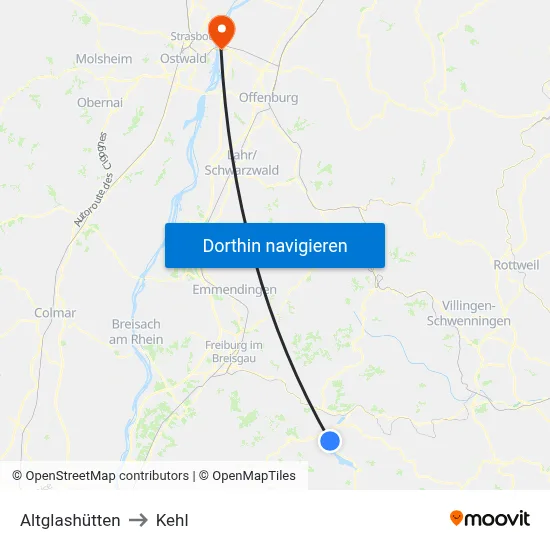 Altglashütten to Kehl map