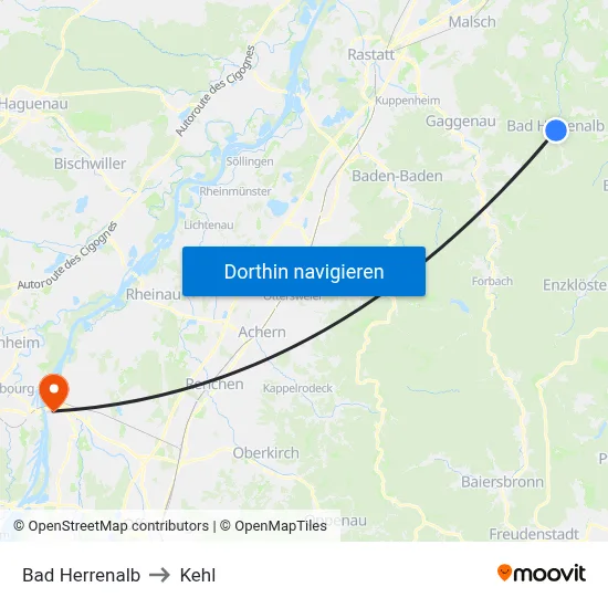 Bad Herrenalb to Kehl map