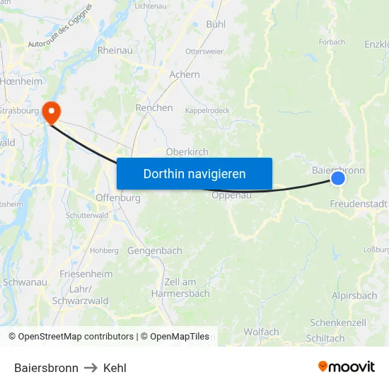 Baiersbronn to Kehl map