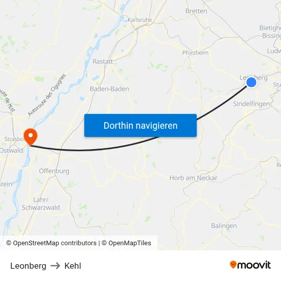 Leonberg to Kehl map