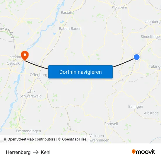 Herrenberg to Kehl map