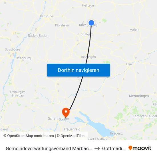 Gemeindeverwaltungsverband Marbach am Neckar to Gottmadingen map