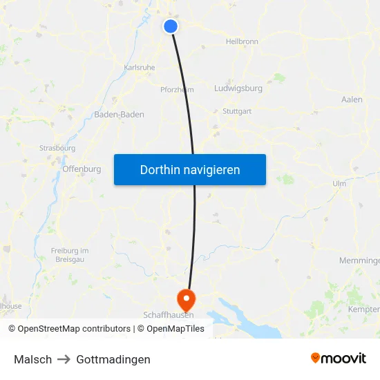 Malsch to Gottmadingen map