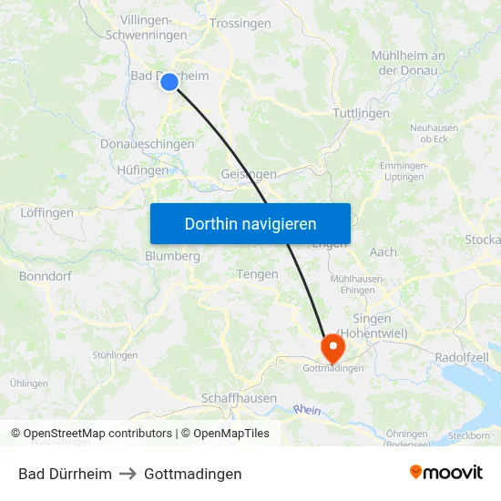Bad Dürrheim to Gottmadingen map