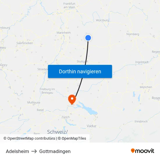 Adelsheim to Gottmadingen map