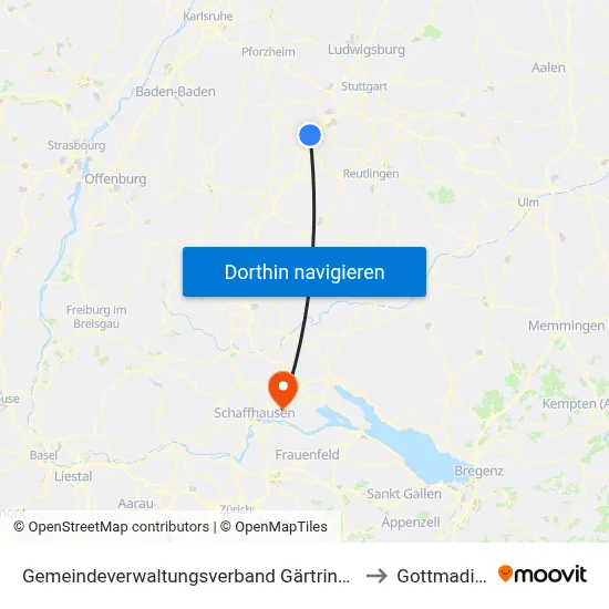 Gemeindeverwaltungsverband Gärtringen/Ehningen to Gottmadingen map